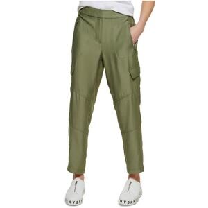 NWOT DKNY Pant Women 12 Cargo Satin Olive-Green 1/2-Elastic-Waist FlapPocket Zip